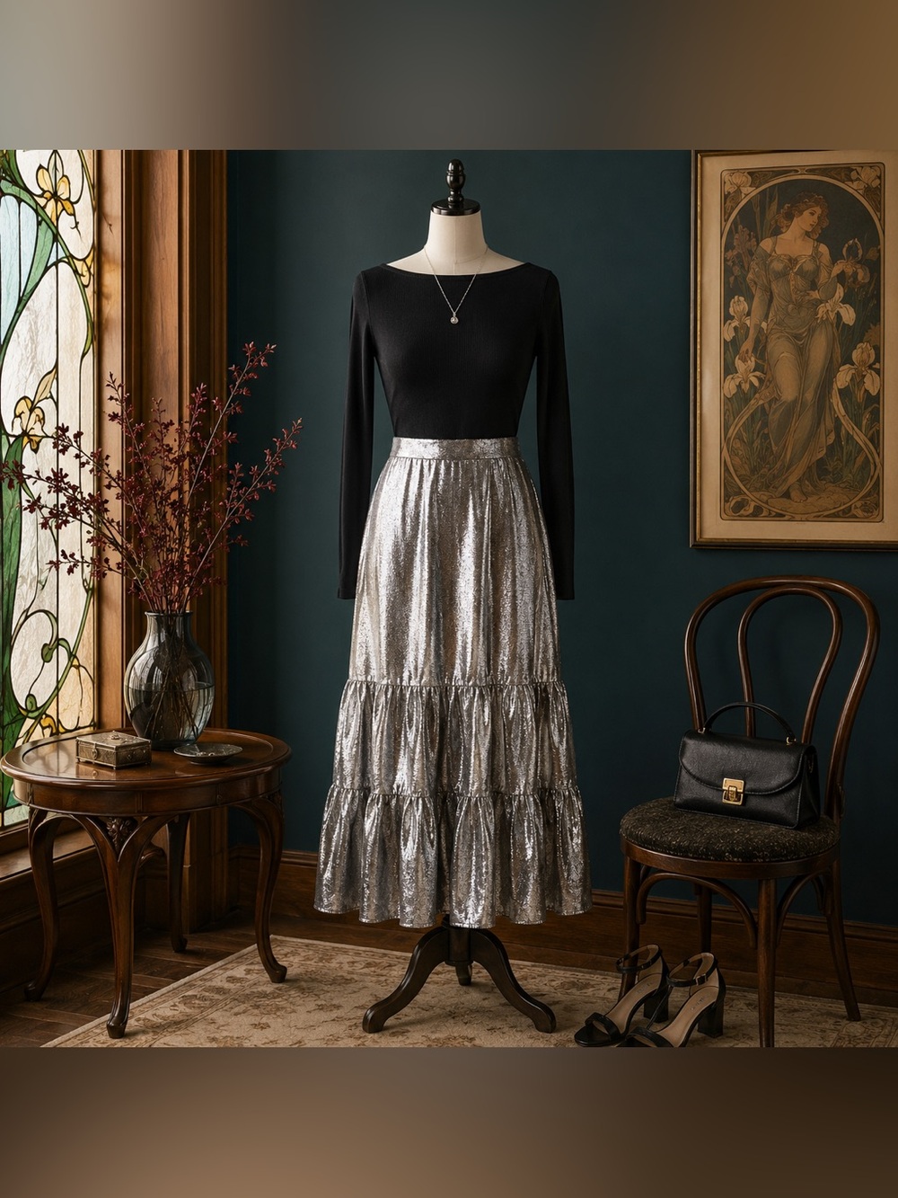 NKN Nekane Silver Metallic Tiered Maxi Skirt (EU Large | US 8/10)